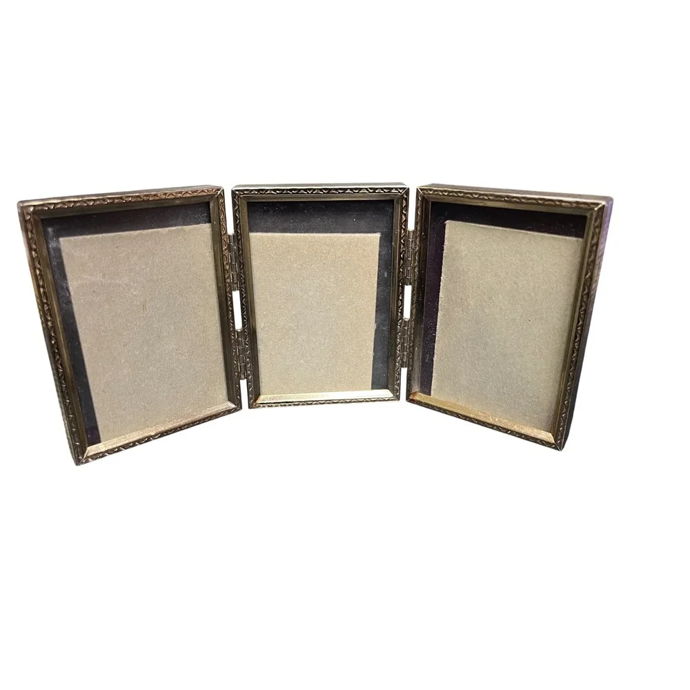 Vintage Tri Fold Gold Tone Photo‎ Frame Ornate Tabletop Display